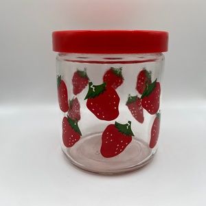 Vintage Strawberry Glass Canister Beckalar with Red Plastic Lid